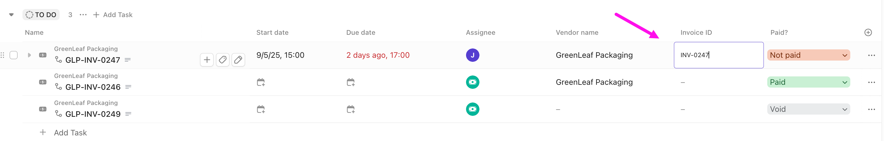 Screenshot of the option to set a task type Custom Field from a List view.