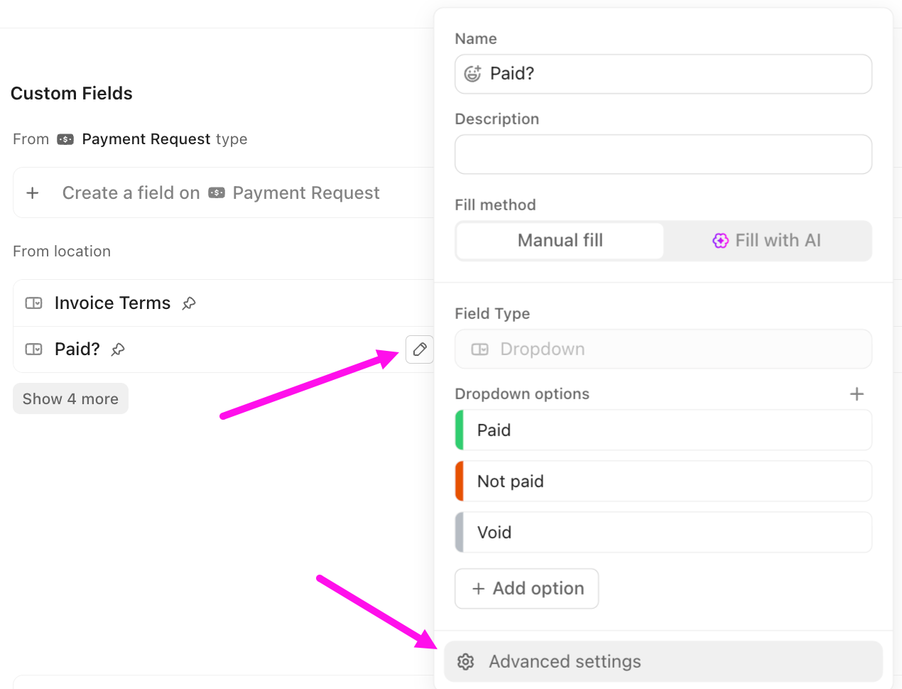 Screenshot of the advanced settings option when editing a Custom Field from a task.