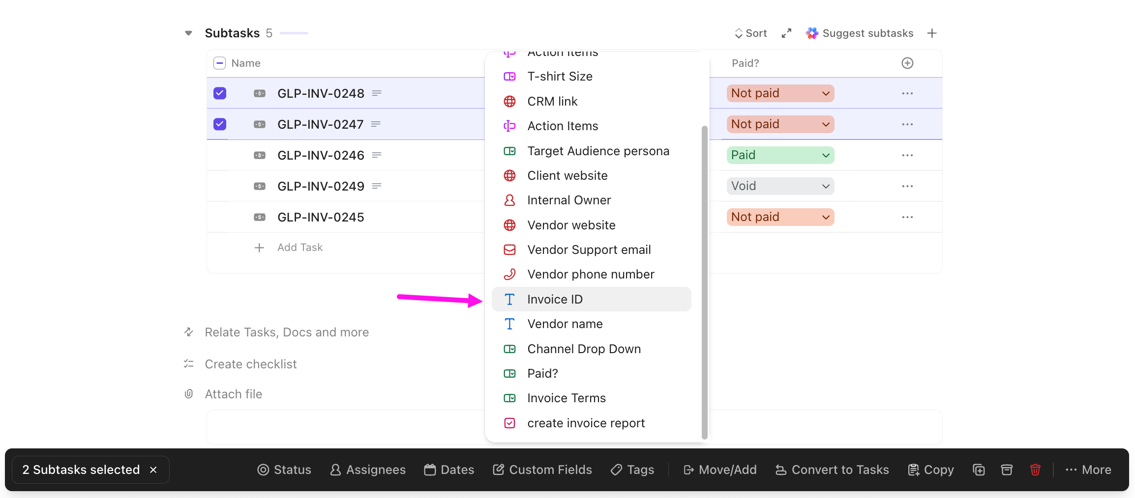 Screenshot of the Bulk Action Toolbar highlighting the option to set a task type Custom Field on multiple subtasks.
