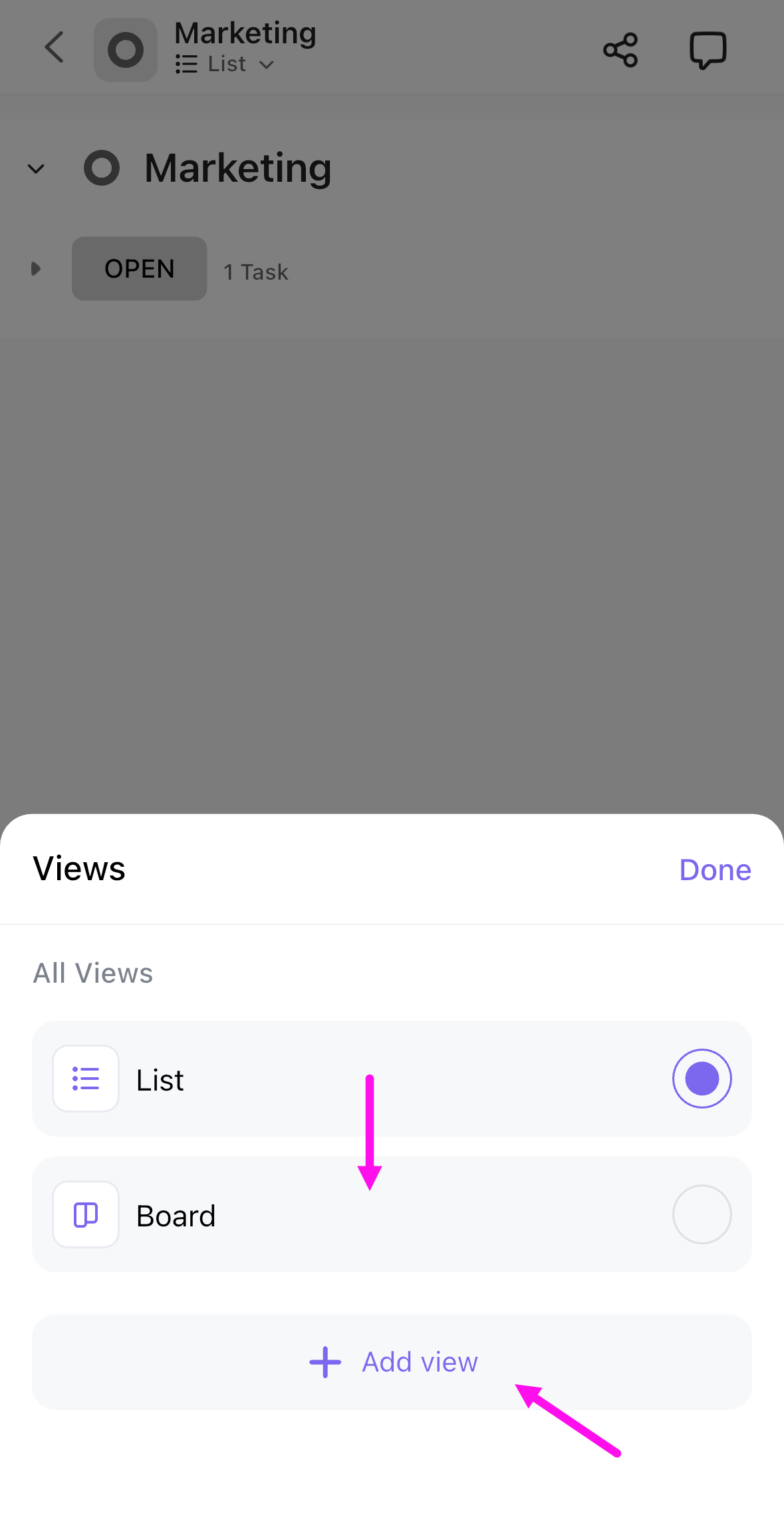 Screenshot che evidenzia una vista Bacheca esistente e il pulsante Aggiungi vista.png