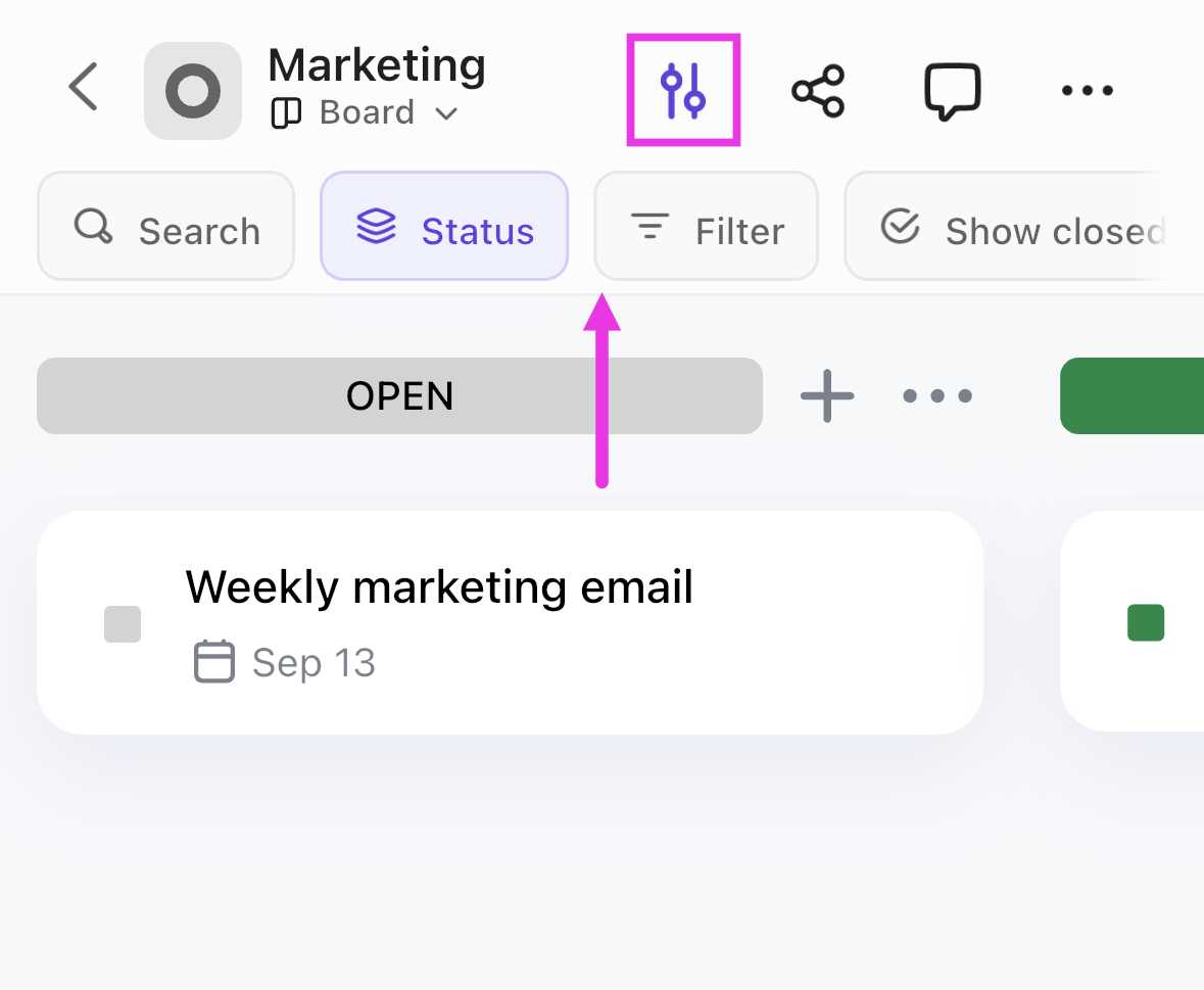 Captura de pantalla destacando el interruptor y las opciones de agrupar, buscar, ordenar y filtrar.png