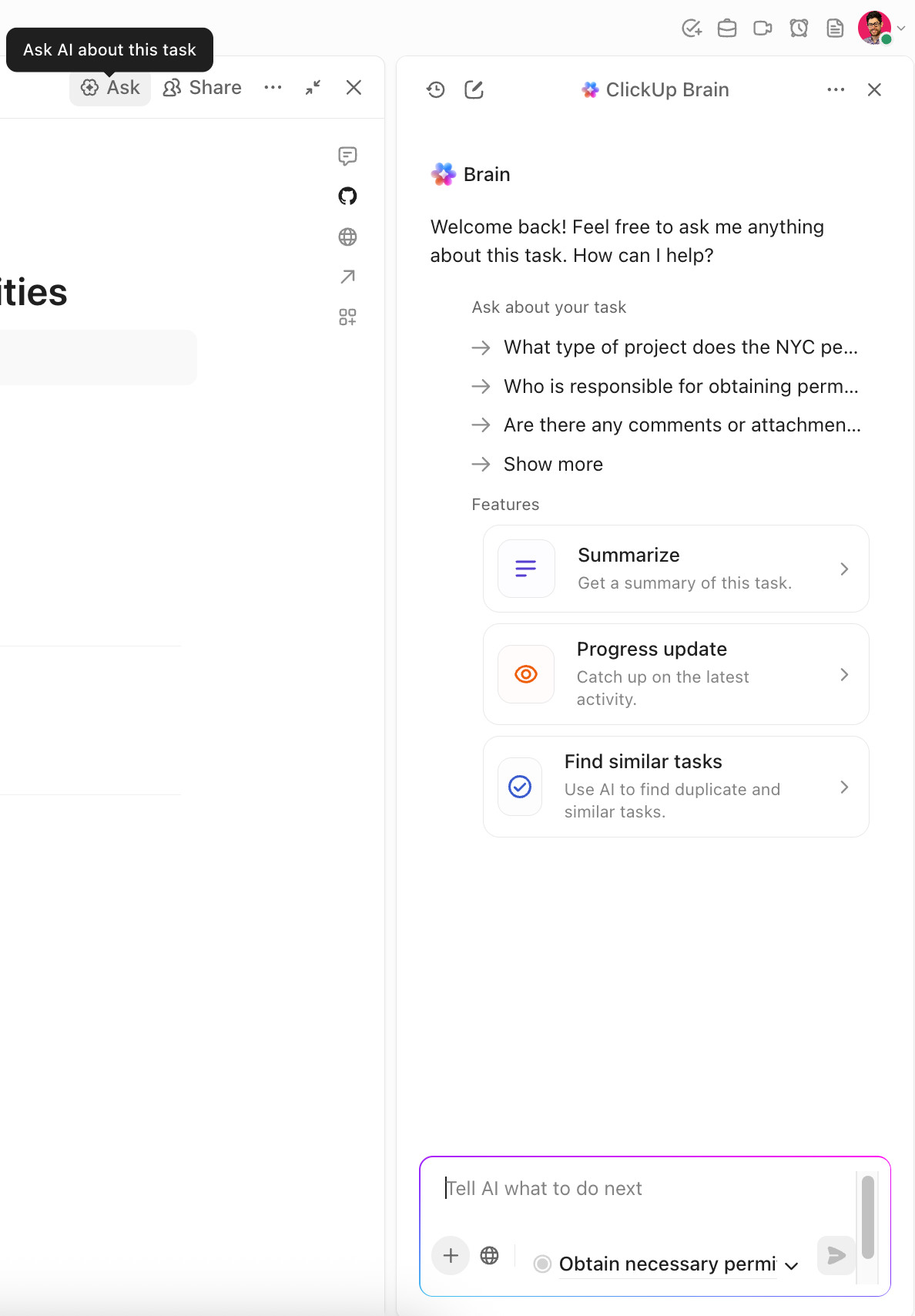 Screenshot of the AI sidebar for a task.