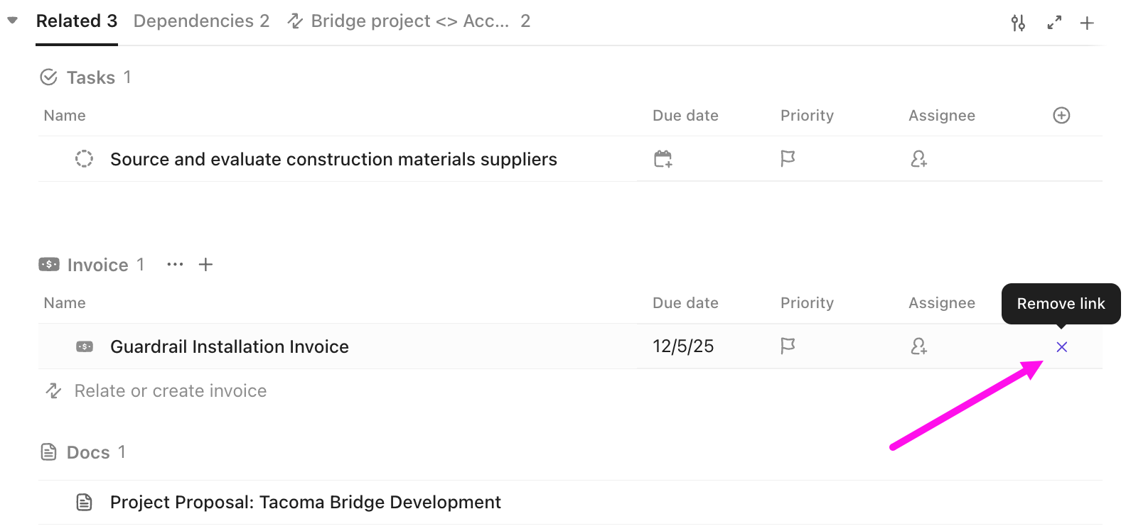 Screenshot of the option to remove a related item.