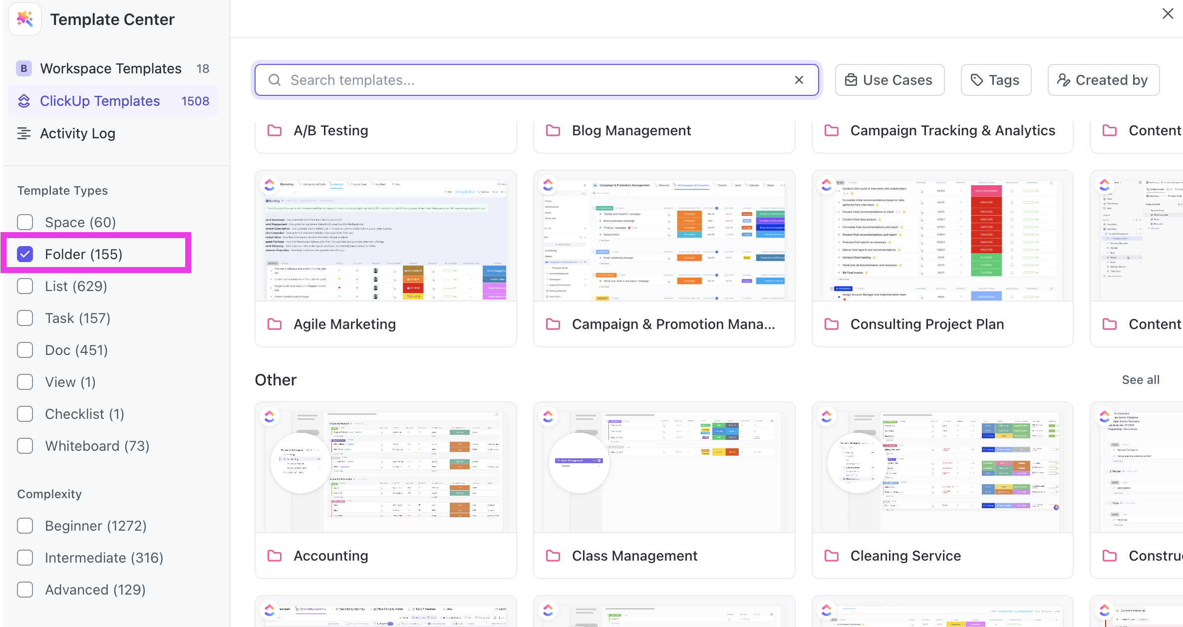 Captura de tela de alguém filtrando por modelos de pasta no centro de modelos.