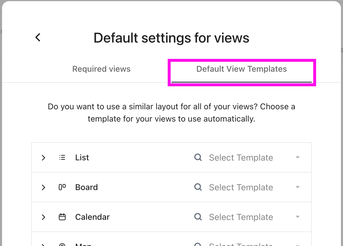 Captura de pantalla de los ajustes predeterminados para la ventana modal de vistas con la pestaña de Plantillas de vista predeterminadas resaltada.png