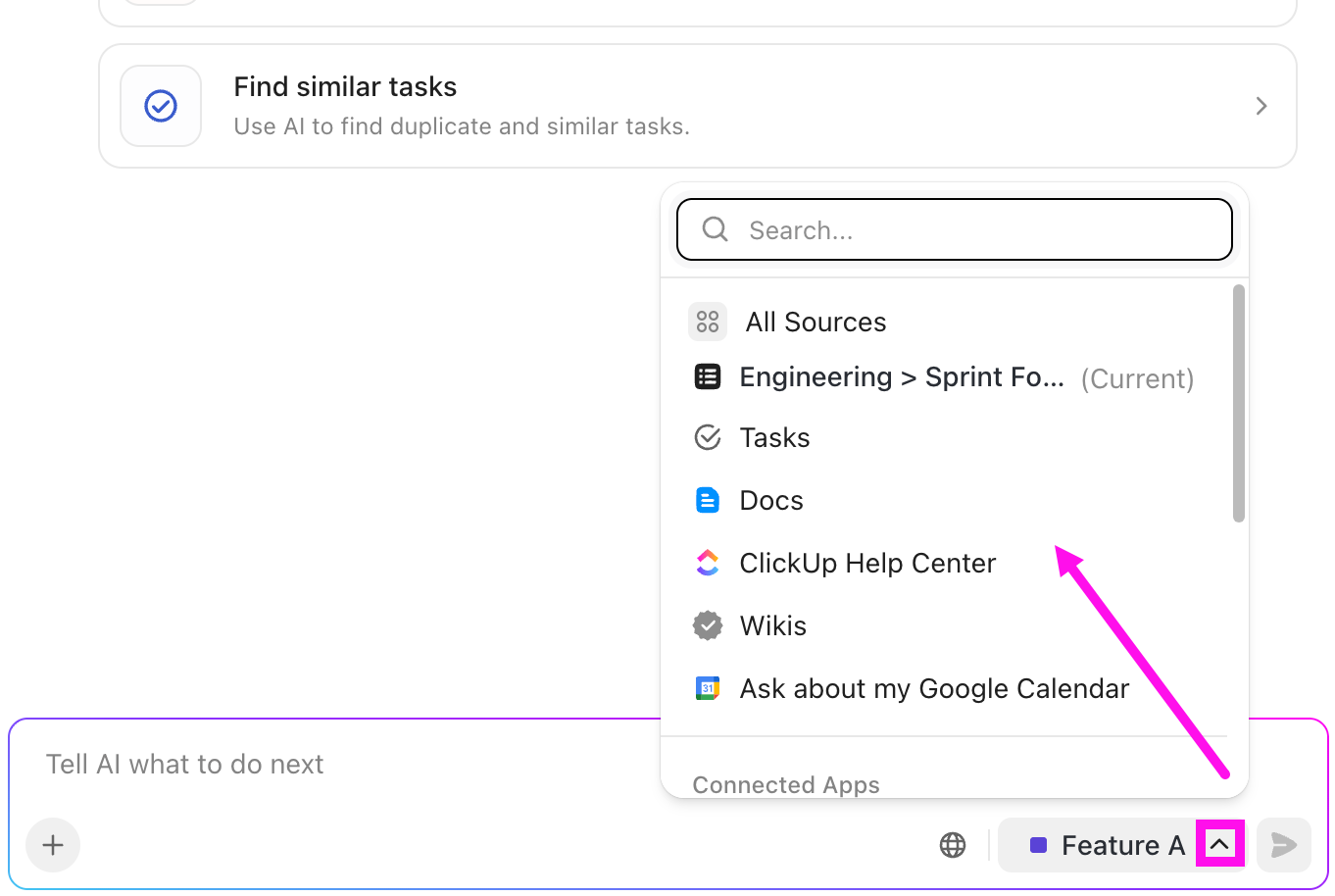 Screenshot highlighting the location picker in the lower-right corner of the prompt field. A task is set as the location, the location picker shows more sources.png