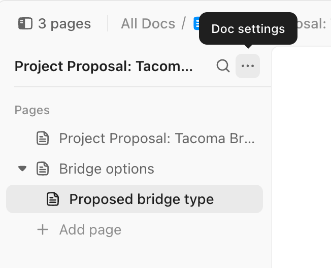 Screenshot of the Doc settings menu in the pages sidebar.