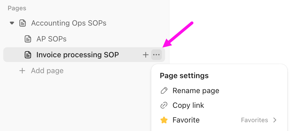 Screenshot of the page settings menu from the pages sidebar.