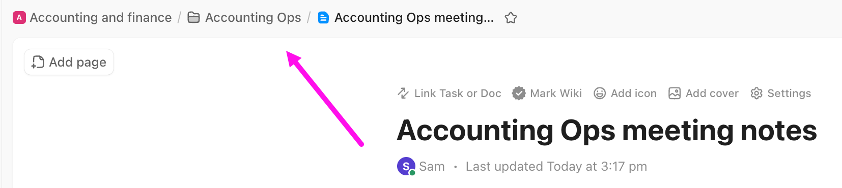 Screenshot of the navigation breadcrumbs in a Doc.