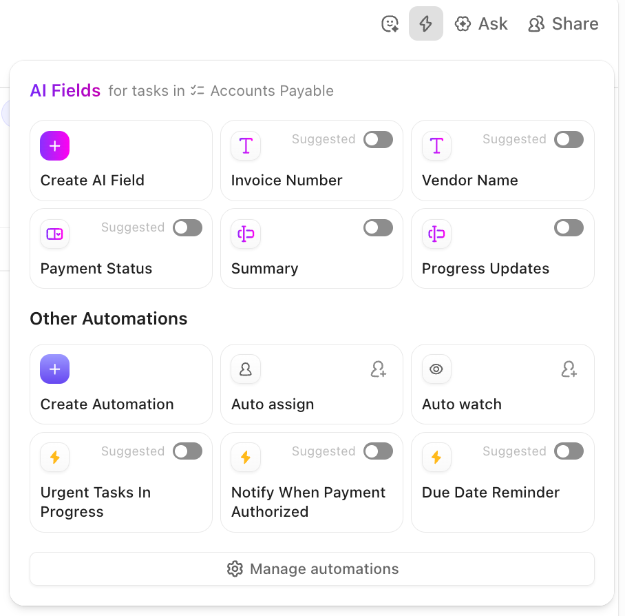 Screenshot of the option to create AI Fields and Automations.