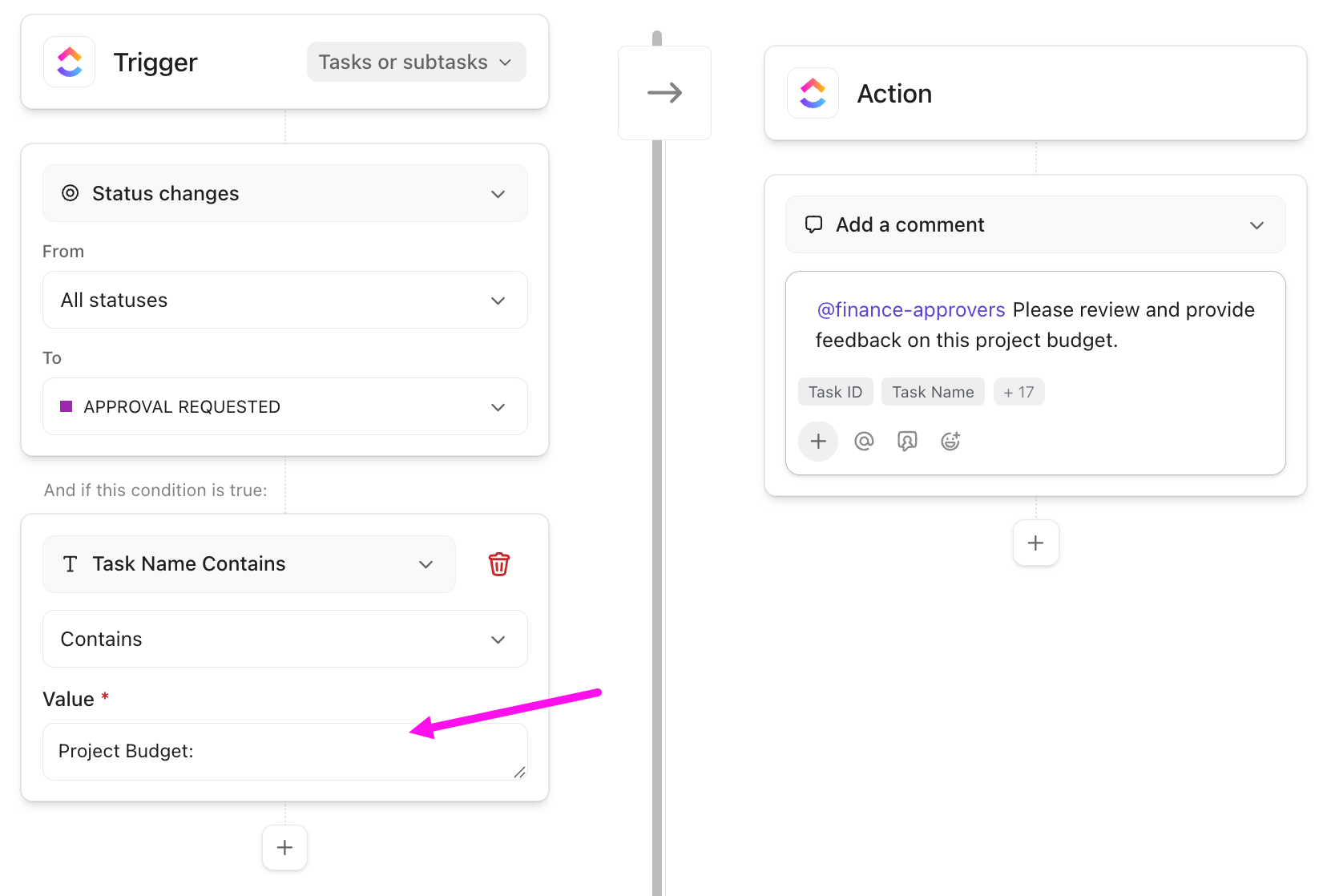 Screenshot of an Automation using the task name contains condition.