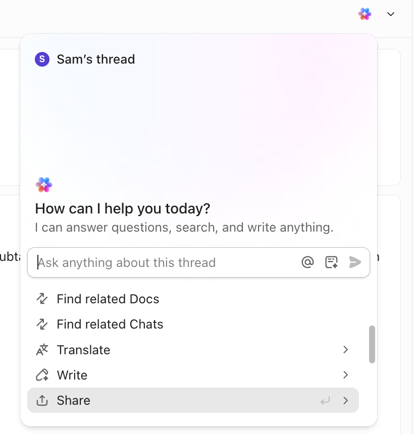Screenshot of the share option from the AI button on a comment thread.