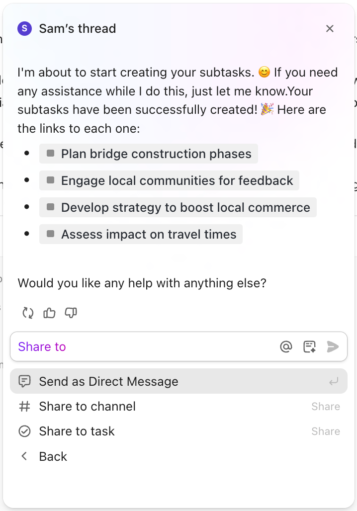 Screenshot of the option to share new subtasks as a Direct Message.