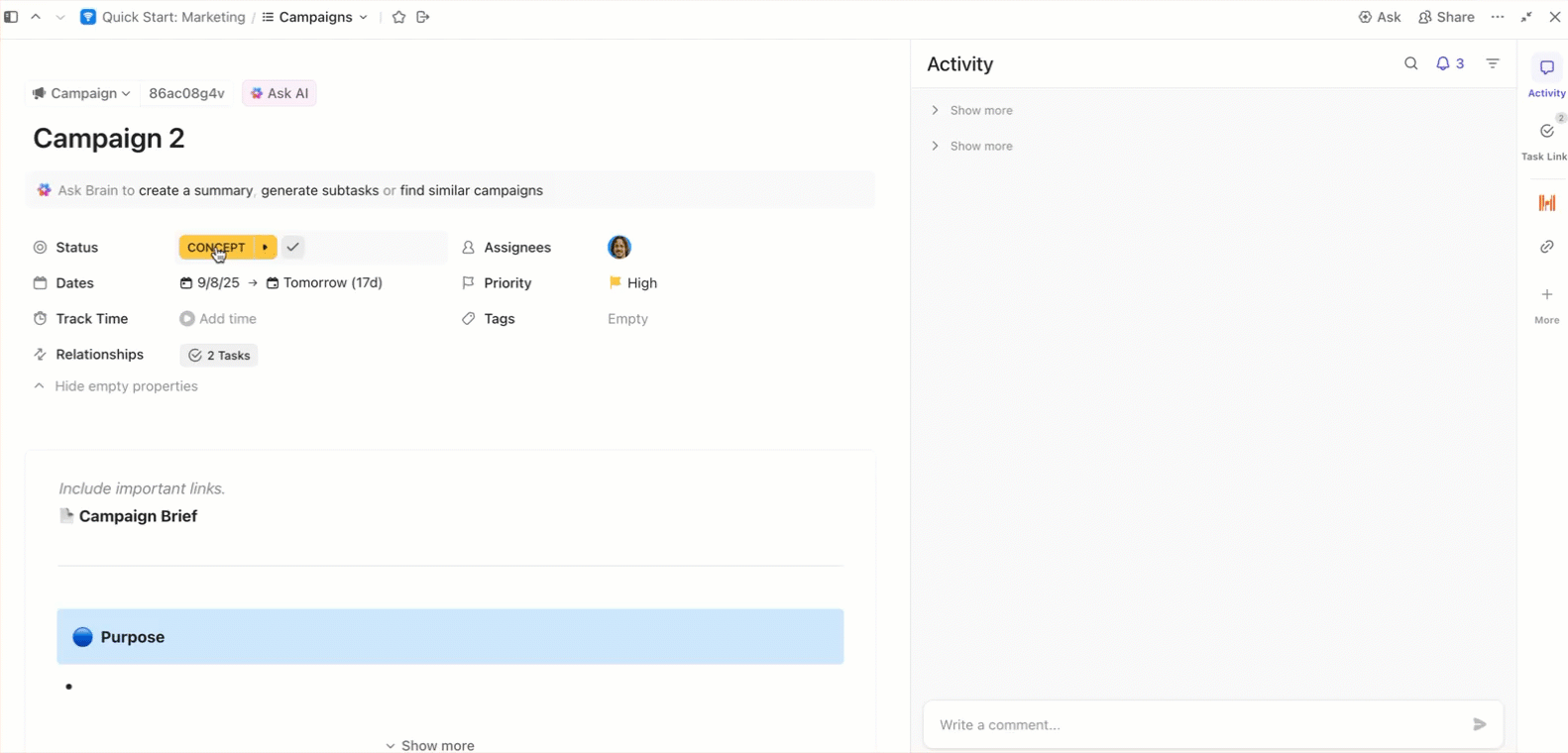 Gif de um comentário de tarefa postado via Automação.gif