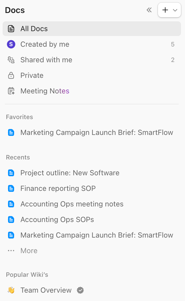Screenshot der Docs Hub Seitenleiste.