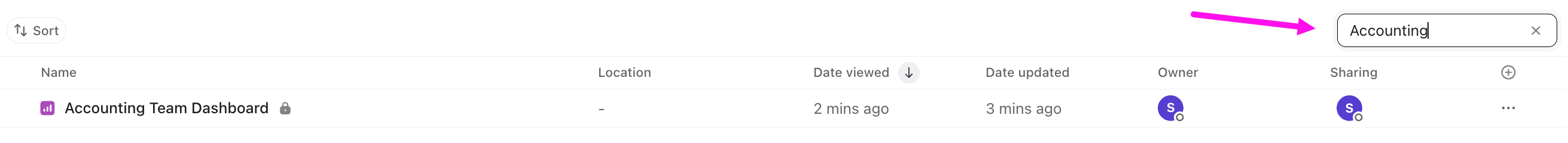 Screenshot della vista filtrata delle Dashboard.