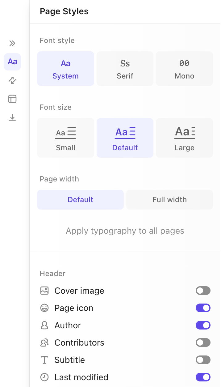 Captura de tela do menu de estilos de página.