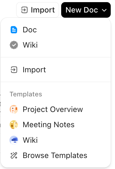 Screenshot delle opzioni disponibili per creare documenti dall'Hub documenti.