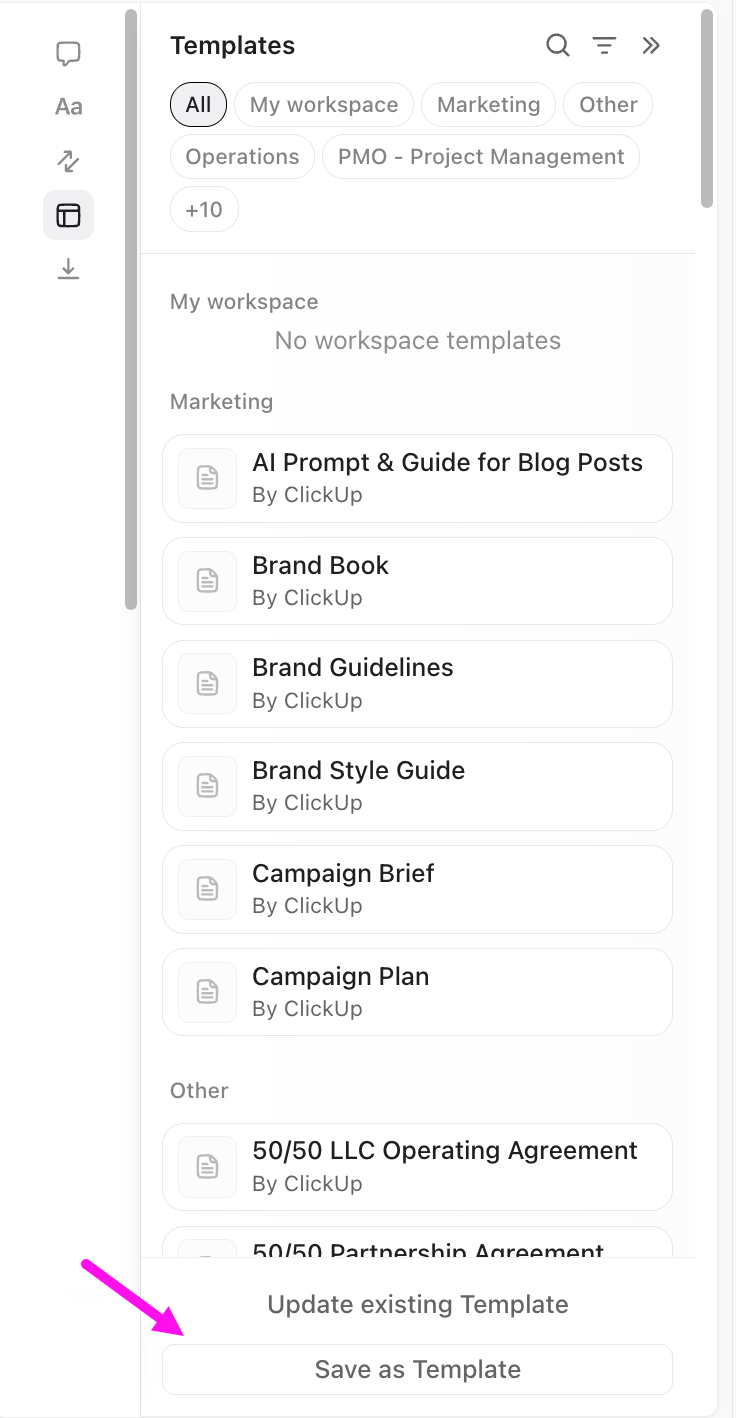 Screenshot dell'opzione per creare un modello dalla barra laterale destra.