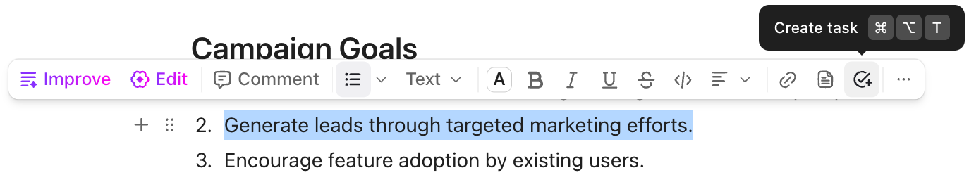 Captura de pantalla de la opción para crear una tarea desde texto seleccionado en un documento.