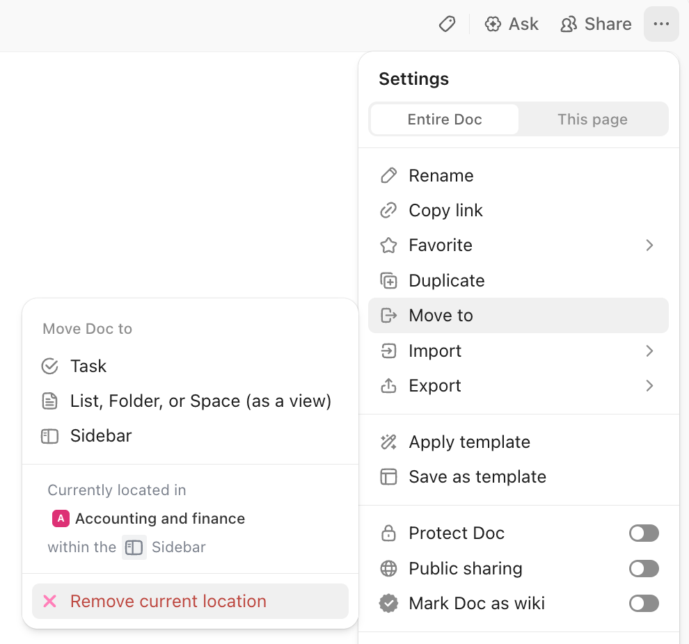 Screenshot der Option, ein Dokument von einem Speicherort zu entfernen.