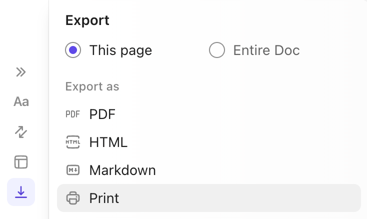 Screenshot dell'opzione per stampare la pagina corrente di un documento ClickUp.
