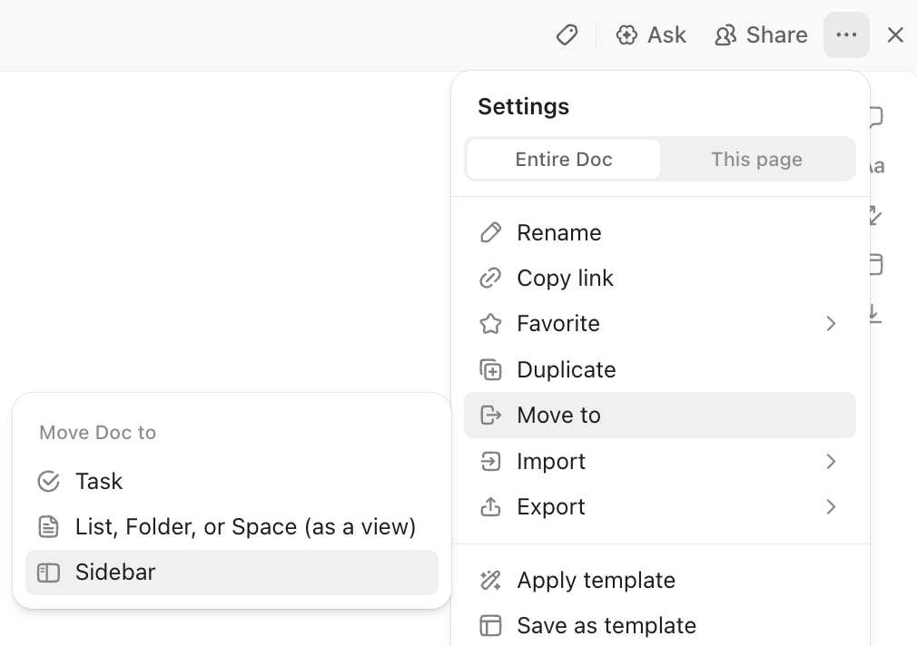 Screenshot der Option, ein Dokument zur Seitenleiste hinzuzufügen.