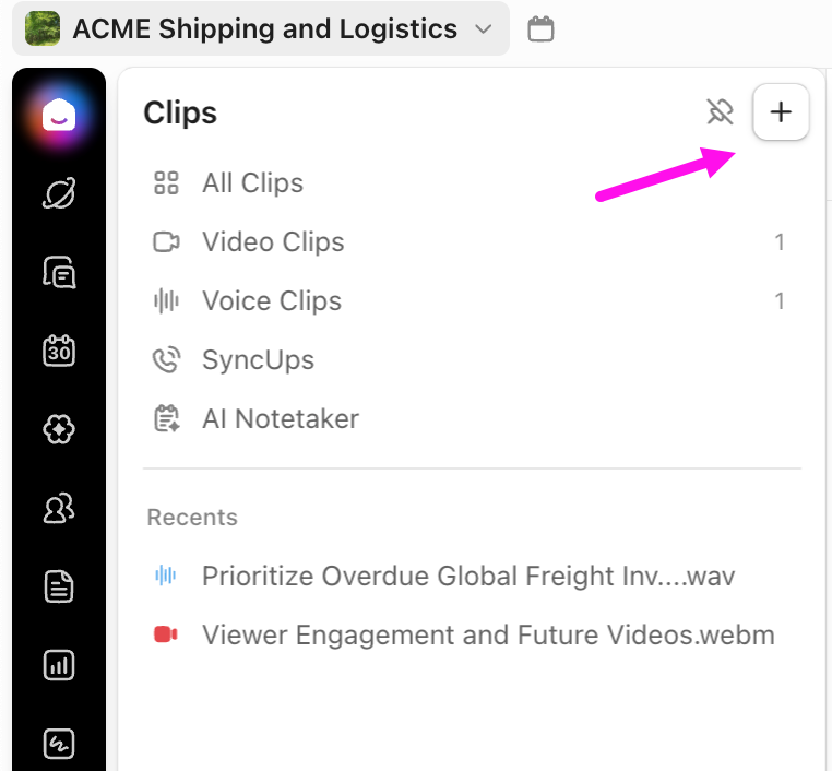 Screenshot der Clips Hub Seitenleiste, der die Schaltfläche zum Erstellen eines Clips hervorhebt.