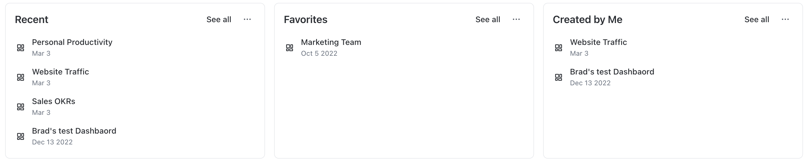 Screenshot der drei Dashboards Hub-Karten.