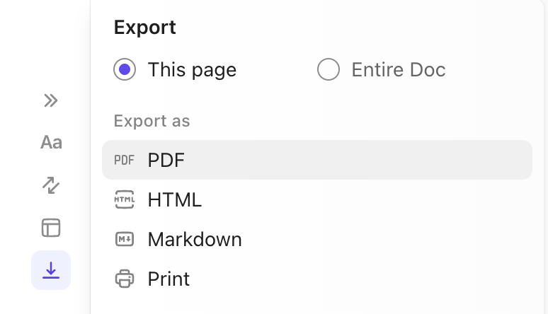 Captura de pantalla de las opciones de exportación para un documento de ClickUp.