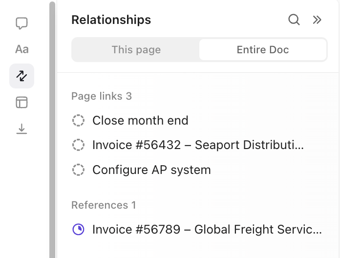 Capture d'écran de la page des Relations pour un Document.