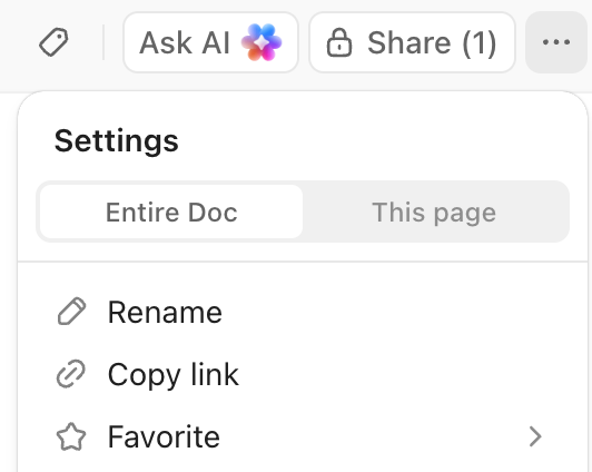 Captura de tela do menu de configurações do Documento no canto superior direito.