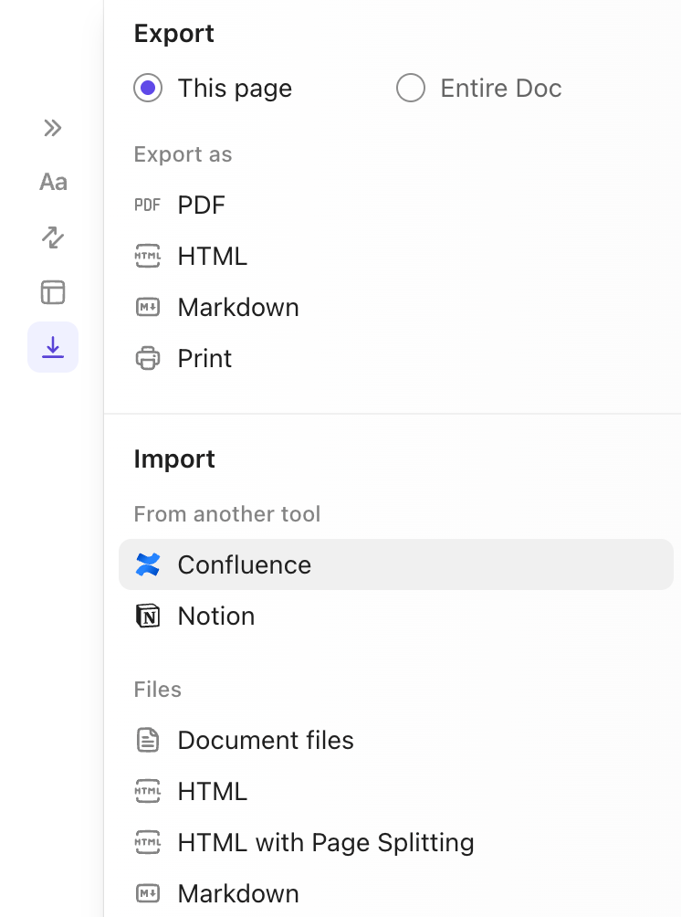 Capture d'écran des options d'importation disponibles à partir d'un Document ClickUp.
