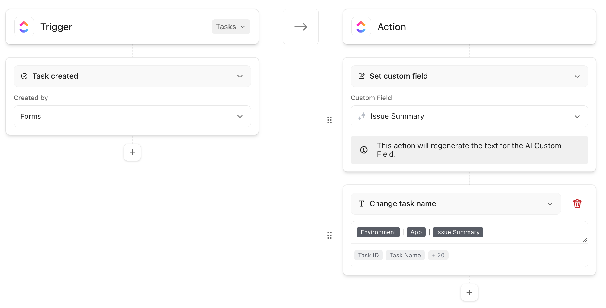 Screenshot of an Automation using AI fields and the change task name action.
