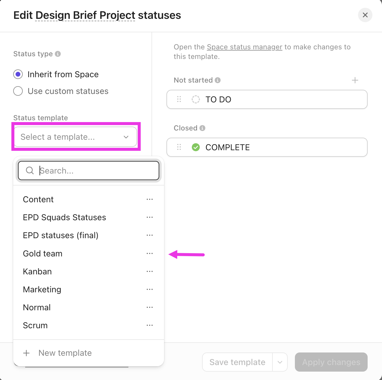 Screenshot of the status template dropdown menu.png