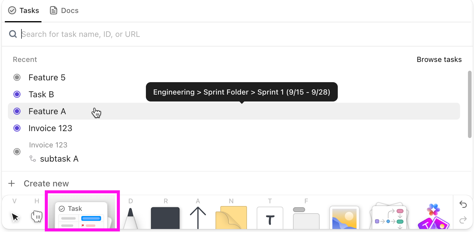 Screenshot of the ClickUp items modal. The Tasks tab is selected, and a task is highlighted in the Recent section. There's also an option to search or browse for tasks.png