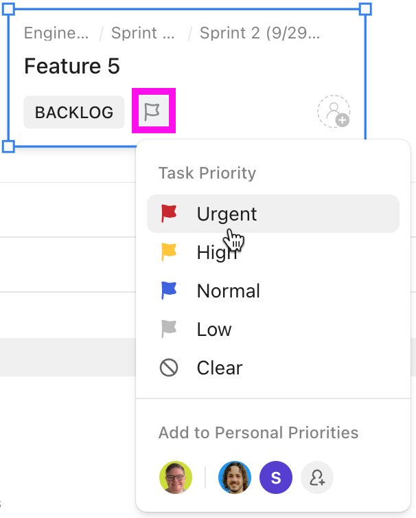 Screenshot of a task on a Whiteboard. The Task Priority button is clicked and the priority modal has Urgent highilghted.png