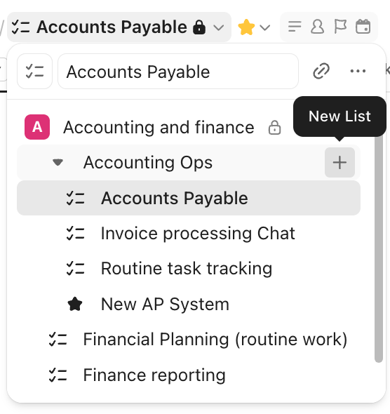 Screenshot of the option to create a new List in Folder.