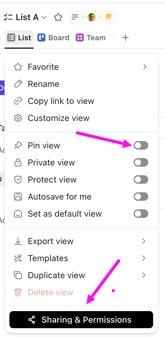 Screenshot of the Views Bar with a List view selected. The Pin view toggle and Sharing & Permissions button are highlighted.png