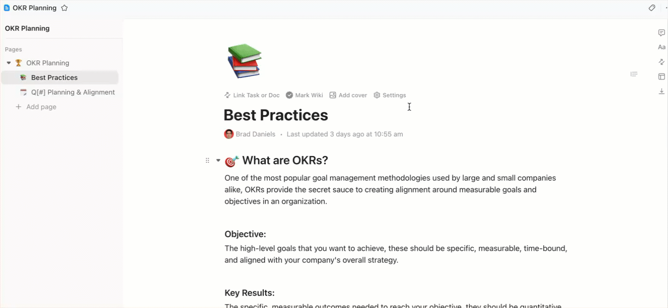 Gif of a best practices page in OKR planning Doc.gif