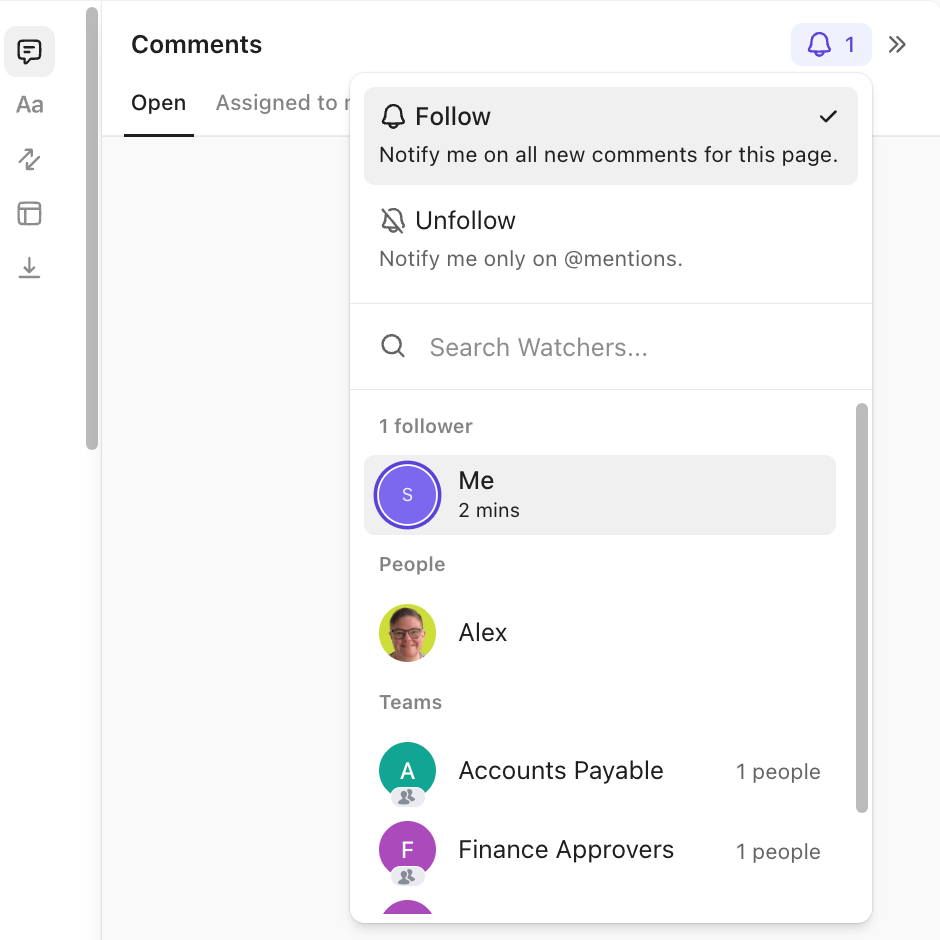 Screenshot of the option to follow a Doc.