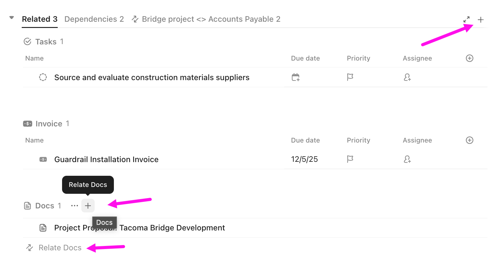 Screenshot of the Relationships section, highlighting the buttons to add related Docs.