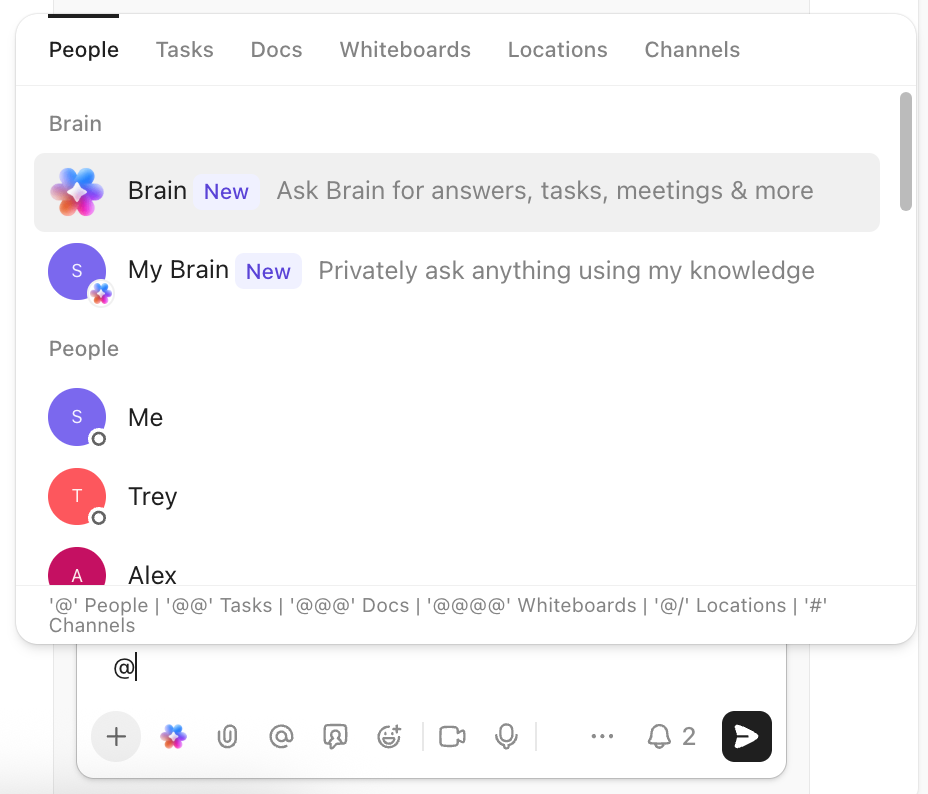 Screenshot of the option to mention Brain or My Brain.