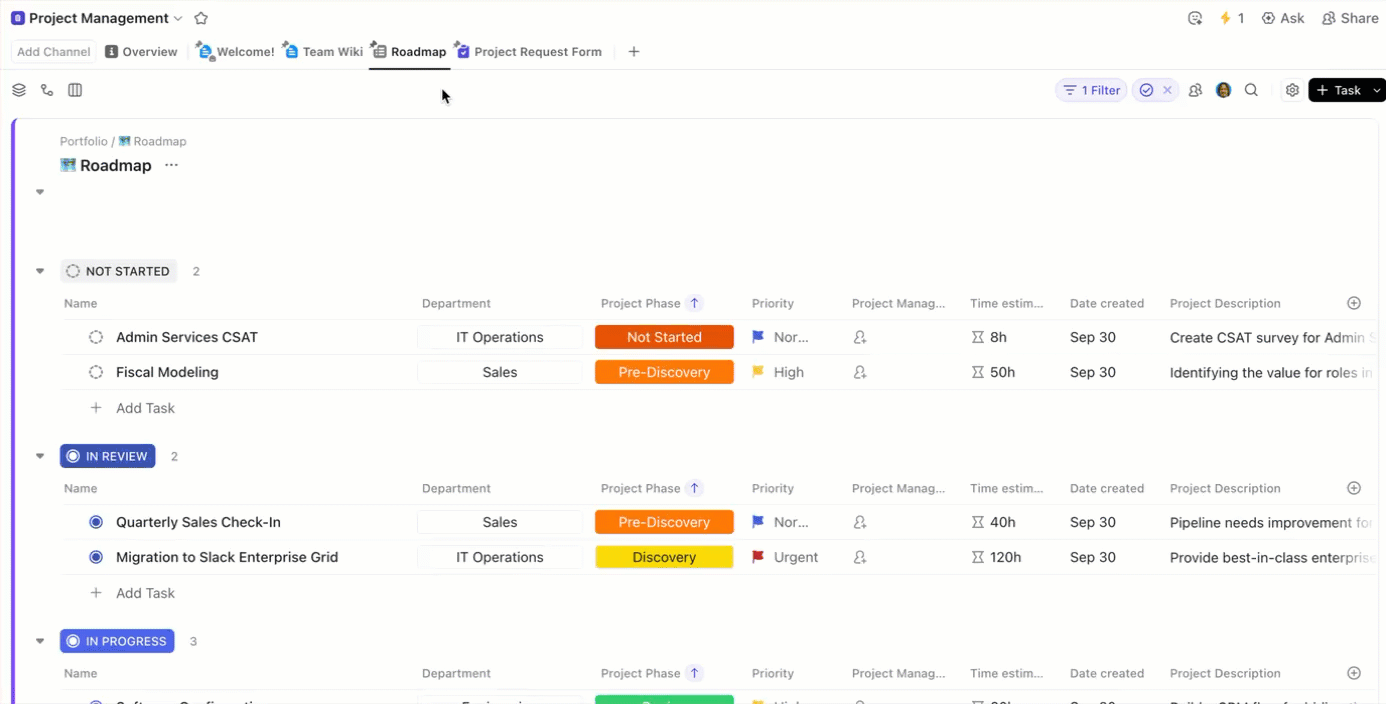 Gif von mehreren Ansichten auf der Projektebene im Projektmanagement-Space.gif