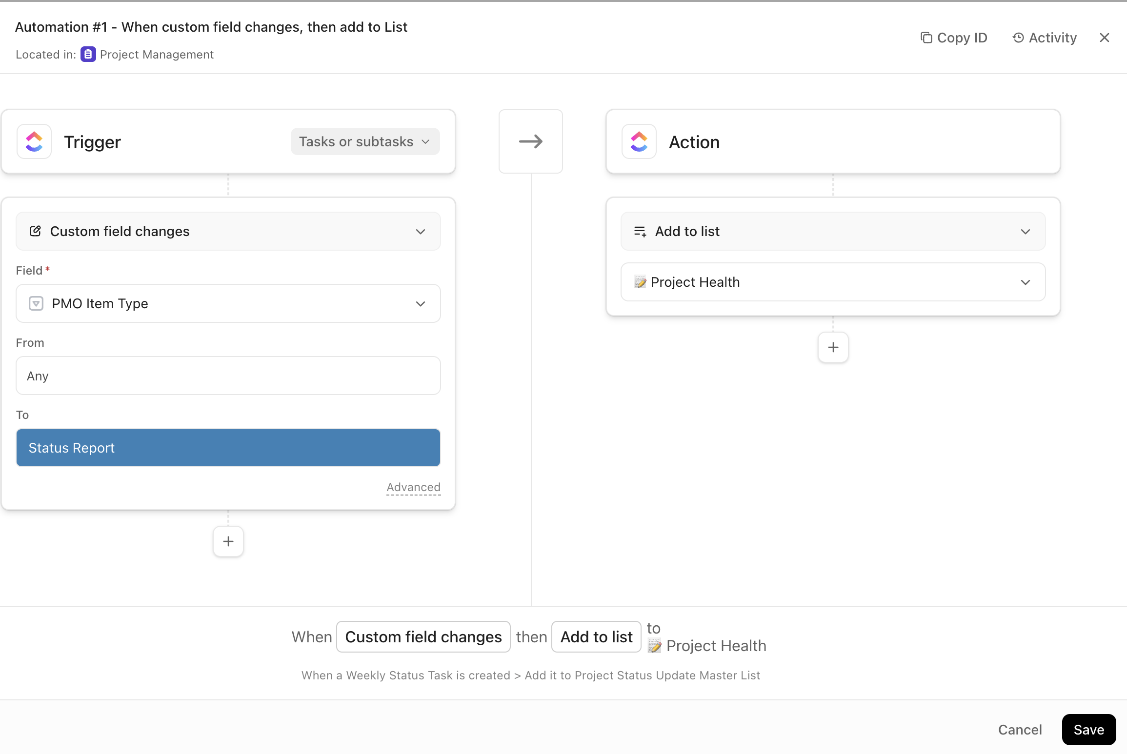 Captura de tela da Automação de adicionar tarefas à Lista de Saúde do Projeto.png