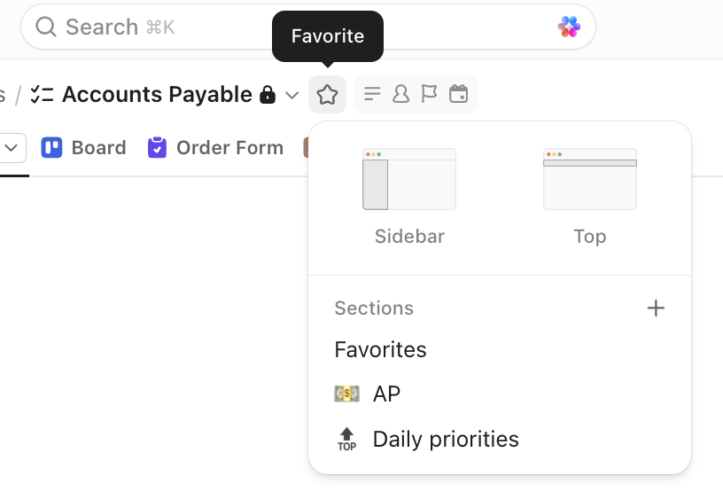 Captura de pantalla de las opciones para agregar una Lista a tus favoritos, secciones personalizadas o fijarla en la parte superior.