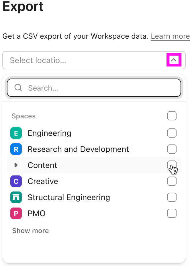 Captura de tela destacando a lista suspensa Selecionar localização e a seção Espaços. O cursor está clicando na caixa à esquerda de um Espaço chamado Content.png