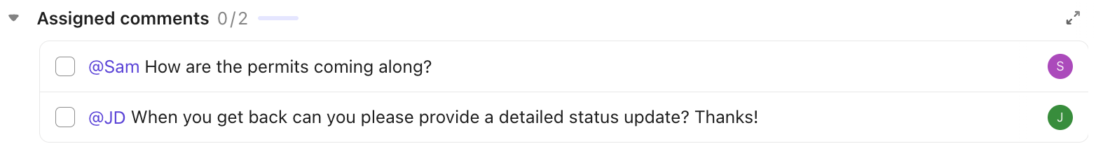 Screenshot dei commenti assegnati a un'attività.