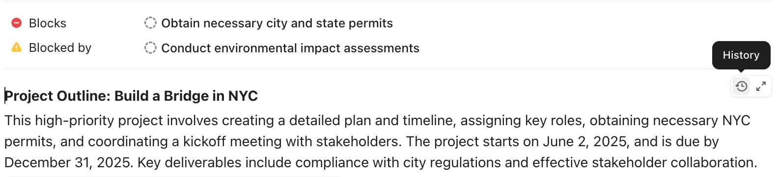 Screenshot of the option to view task description history.