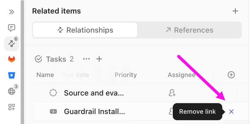Screenshot of the option to remove a link between tasks.